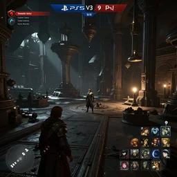 FPS set in a Byzantine space station, PS5 game, gameplay screenshot with UI, 4K, Unreal Engine, by Tadanori Yokoo, Rembrandt, Aubrey Beardsley