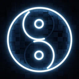a neon yingyang symbol made from blocks, dark background, digital art