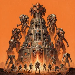 color pencilled, orange theme, 4 character, tiered flayed god machines, cluster tiered heirarchy, battle chaos, mainframe hydrocracking battles, medical chromed, dystopian, by wayne d barlowe, h r giger, simon bisley & boris vallejo, enric torres, hyper realism, narrative light, muted colors, epic, hyper detailed, awe inspiring, award
