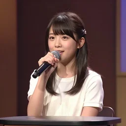 Japanese funny TV show. VHS footage. A cute girl singing on small stage in the TV studio.