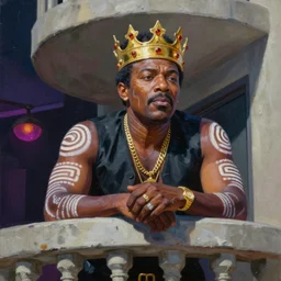palette knife oil painting portrait of james earl jones, a king - with gold crown with rubies, man in mafia wear and australian aboriginal body paint, concrete balcony, nightclub, artstation trending, artgerm, any racial background, deviant art, hipster, octane, substance, art history 8 k