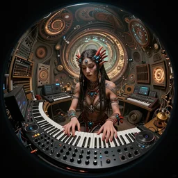 a fisheye lens photo of a post apocalyptic tribal cyborg dj goddess tweaking and playing synthesizers in the most complicated and technical spiral fractal musical studio, powerful, cinematic, beautifully lit, by donato giancola, by artgerm, by karol bak, 3 d, perfect face and body, trending on artstation, octane render, 8 k