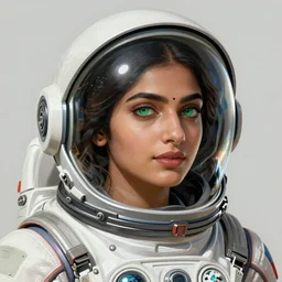 Portrait of very very very very very very beautiful Indian woman, spacesuit, green eyes, intricate, elegant, highly detailed, digital painting, artstation, concept art, smooth, sharp focus, illustration, art by artgerm and greg rutkowski and alphonse mucha