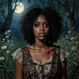 a beautiful but creepy young black woman in layers of fear, with haunted eyes, violence in her eyes, wearing a punk outfit, 1 9 7 0 s, seventies, delicate embellishments, a little blood, woodland, moonlight shining on wildflowers, painterly, offset printing technique, by alexandre cabanel