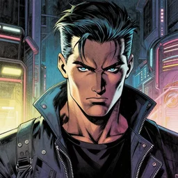 a cyberpunk young mafia boss with slicked back hair, in a cyberpunk setting, comic book art, cyberpunk, art by stan lee, pen drawing, inked, colorful, bright high tech lights, dark, moody, dramatic, deep shadows, marvel comics, dc comics
