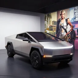 cybertruck from artstation in forza horizon, beamng, grand theft auto, need for speed. art by filip hodas and artgerm. indoor, rhads. 3 d render, surrealism, hyperrealism.