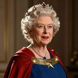 Queen Elizabeth as Captain Britainica from Marvels Avengers, age of Duracell