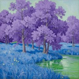 michal karcz painting of a beautiful landscape. , purple trees, blue grass, green water, detailed, elegant, intricate, 4k,