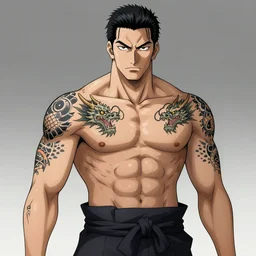 semi realistic anime illustration of Hiroyuki Sanada as a muscular yakuza with dragon tattoos