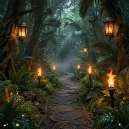 jungle, path, lanterns, stars, torches, fireflies, bioluminescence, fire, fog, insane details, intricate, elite, ornate, elegant trend, highly detailed and intricate, sharp focus, photography, unreal engine, trending on artstation, photorealistic, octane, hyper detailed, trending on deviantart,