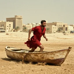 movie still of a man in red drapery in a small flesh boat next to a neo - classical city in the desert, eastmancolor, heavy grain, high quality, high detail, run, mud