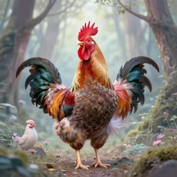 a beautiful rooster in a forest, inspired by thomas eakes & greg rutkowski & xiang duan, perfect symmetry, magic realism, post - processing, extremely hyper - detailed, intricate, soft - lighting, lifelike attributes, masterpiece, pastel'