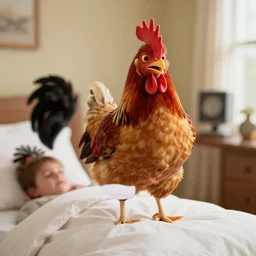 you wake up to see the funky chicken standing over you with a wicked grin on his beak
