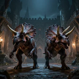 two menacing zombie triceratops on a medieval palace courtyard at night, scary, powerful extremely detailed, high quality, epic, dnd, fantasy art, artstation, monstruous