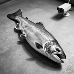 black and white, cctv, security camera footage of a giant salmon on the floor