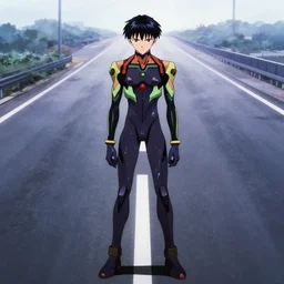 anime illustration of lonely ikari shinji standing menacingly on an empty highway wearing a black plugsuit, cinematic lighting, evangelion anime poster, rebuild of evangelion 1 0 8 0 p, 9 0 s anime aesthetic, volumetric lights, rule of thirds, unreal engine render, pinterest wallpaper, trending on artstation