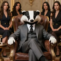 anthropomorphic badger sitting in luxury executive chair, wearing expensive suit, surrounded by beautiful women, realistic photo