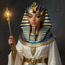 an anthropomorphic beautiful female wizard of pharaoh holding magic wand portrait wearing robe, fine art, award winning, intricate, elegant, sharp focus, octane render, hyperrealistic, cinematic lighting, highly detailed, digital painting, 8 k concept art, art by jamie hewlett and z. w. gu, masterpiece, trending on artstation, 8 k