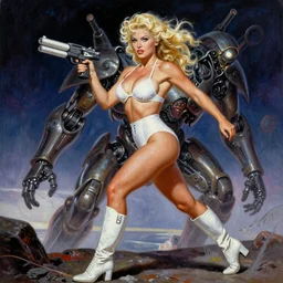 A mixed media portrait painting of a beautiful blonde woman running on an alien planet, very curvy, aesthetic! high-waisted white-bikini-armor and boots, holding a ray-gun, aesthetic symmetrical face and eyes, model, wet, pacific-rim-mech in background, by Frank Frazetta, Boris Vallejo, Beeple, Greg Rutkowski, Christian MacNevin, eighties-pinup style, epic fantasy character art, high fantasy, CGsociety, exquisite detail, post-processing, masterpiece, cinematic