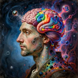 a hyper extravagant and complex painting with almost quantum details of a man with a super brain in sight and a syndrome that transforms his head and his way of perceiving the universe, by annibale carracci, by anthony van dyck, by camille corot, cool color palette, colorful, spectral color, refractive, orbeez, plasma, electric, moldy
