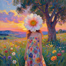 girl with giant flower as a face and flower dress, standing in a flower field hills, big trees, sunrise dramatic light, impressionist painting, colorful clouds, digital painting, pointillism, artstation, simon stalenhag