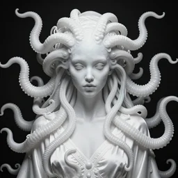 creppy medusa wearing white silk fused with lovecraft, retro-futuristic, photo, portrait, intricate details, by vincent di fate, artgerm, julie bell, beeple and Greg Rutkowski, 80s, concept, Smooth gradients, octane render, 8k, High contrast, duo tone, depth of field, very coherent symmetrical artwork