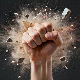 a great fist, forceful blow, shattering, crushing, shards exploding in all directions, dust particles, multicolored,