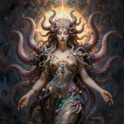 beautiful psychedelic goddess enrobed in tentacles in the style of peter gric