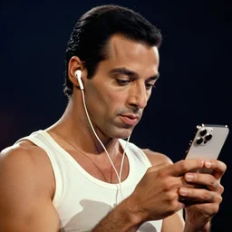 Freddie Mercury wearing AirPods and using an iPhone