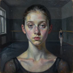 young ballerina training in a big dark room, painted in style of marlene dumas, pat steir, oil painting, dripping paint, intricate details, psychologic, melancholic, symmetrical face, hyper detailed