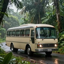 a vintage icarus bus cruising in the jungle during a rainy season hyper realism, digital art, artstation, poster, high details, green, vegetation 1 9 4 3
