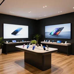 copic art, lofi aesthetic ( ( ( ( serious grounded balanced muted flagship samsung store, black walls. timber floor. low ceilings with spots. curved furniture, with large digital screen. display tables with phones and tablets, pots with plants, large digital screens on the walls ) ) ) )