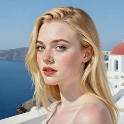 professional painting of Elle Fanning in Santorini in the style of Dino Valls and Koson Ohara, head and shoulders portrait, red cherry blossoms, symmetrical facial features, smooth, sharp focus, illustration, intricate, stormy weather, extremely detailed masterpiece,