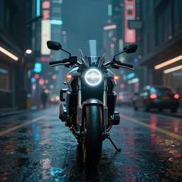 concept art of a cyberpunk motorbike moving towards the camera on wet cyberpunk city streets at night cyberart in the style of liam wong in the film akira rendered in octane, 3 d render, trending on cgsociety, blender 3 d, displacement mapped, 8 k