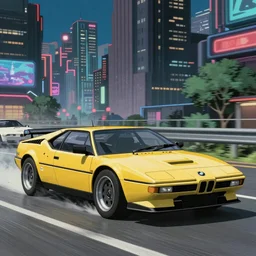 vintage archival race footage of a single 1995 Vector W8 Twin Turbo, with elements of the BMW M1, city in anime cyberpunk style by Hayao Miyazaki