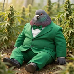 a chonky pigeon in a green man suit chilling in a cannabis farm