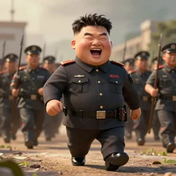 screaming kim jong un doll leading a parade of himself octane render