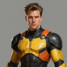 portrait of a superhero by greg rutkowski, he looks like joseph quinn, he is wearing a black, orange and yellow kevlar gear, highly detailed portrait, digital painting, artstation, concept art, smooth, sharp foccus ilustration, artstation hq