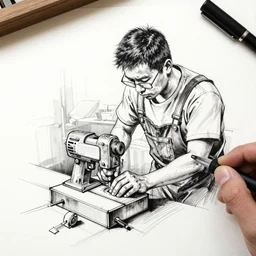 craftman working, sketch, ink
