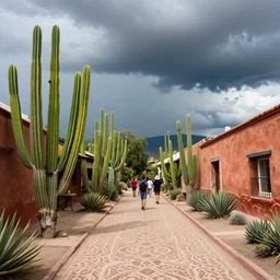 synthwave, welcoming southwestern pueblo house, giant green prickly pear cactus, a dusty ornate mexican path, some people wandering, summer thunderstorm