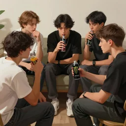 a group of friends doing an intervention for their friend who is addicted to energy drinks, friendship, struggle, high resolution, group, digital painting, epic
