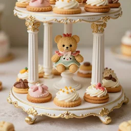 baroque rococo painting Royal Fancy Pastry pedestal Hildebrandt Lisa Frank high detail cute adorable whimsical cookies cakes petit fours columns pedal close up