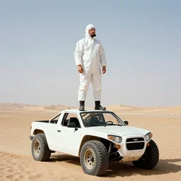 a man wearing a hazmat suit, standing on top of a saleen s 7, in the desert, film still, panaflex panavision