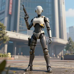 2B nier automata standing in front of a large building holding a Glock, detailed, artstation, concept art, Unreal Engine 5 render, 8K