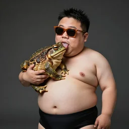 dramatic photo of a fat tiny midget man in a swimsuit wearing 1 9 8 0 s sunglasses holding and licking the worlds fattest toad