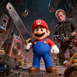 movie frame still from live action adaptation of mario with a saw, directed by steven spielberg, 8 k, vhs glitch, ultra wide angle, high contrast, zenith view, greg rutkowski, intrincate, highly detailed, ilm, oscar winning photography, dramatic lighting, greg nicotero, beautiful image