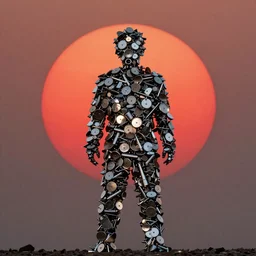 random metal pieces forming the shape of a person silhouetted by a red sun, smooth, sharp focus, 24mm lens, DOF, hyper realistic, art by Artem Demura and Greg Rutkowski and Ruan Jia and Norman Rockwell