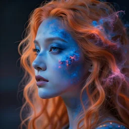 side profile portrait of the face of a celestial goddess made of blue nebula with long wavy orange and pink nebula hair