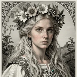 portrait of a beautiful slavic girl in folklore robe wearing a spring flower wreath with long tangles of beautiful pale hair and earrings, sharp eyes, hyper realistic face, fantasy art, greg rutkowski, intricate, alphonse mucha, hyper detailed engraving, concept art, elden ring, illustration, smooth, sharp focus, by gustave dore and greg rutkowski