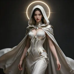 detailed beautiful hooded noun, seductive confident pose, attractive feminine curves, intricate details, futuristic, vicious, elegant cape, elegant, photorealism, shot on hasselblad, trending on artstation, holy halo, advanced technology, art by moebius and vitaly bulgarov and chanthara
